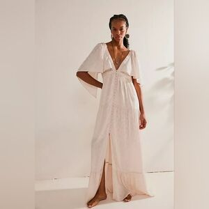 FREE PEOPLE Cha Cha Maxi Dress V-neck MEDIUM Pearl White Floral NWT MSRP$250